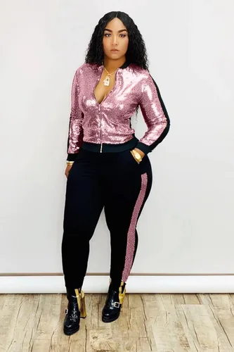 Vista 3 de ThusFar Conjunto sexy de lentejuelas de dos piezas para mujer, con bolsillos, chaqueta metálica con purpurina y pantalón, ropa de club