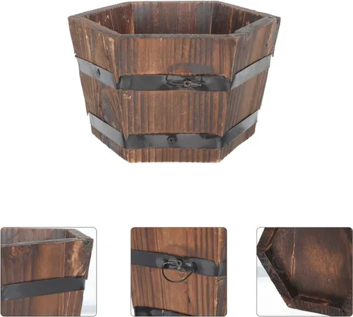 Vista 8 de Cabilock Macetero de barril de whisky de madera, macetas de barril, macetas para decoración interior del hogar, plantas pequeñas