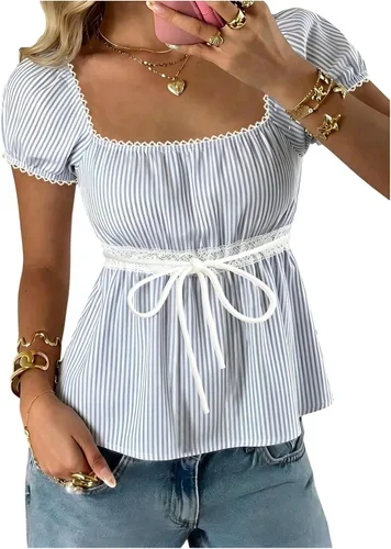 Vista 28 de SOLY HUX Blusa de verano de manga corta para mujer Blanco sólido