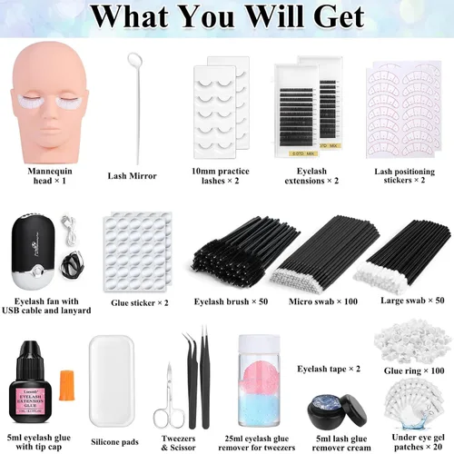 Vista 2 de Kit de extensión EyeLash para principiantes, kit profesional de práctica de extensión de pestañas con todo, cabeza de maniquí, pegamento de pestañas