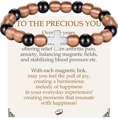 Vista 10 de Feraco Pulsera magnética de cobre puro para hombres y mujeres, 0.315 in, 99.99% cobre sólido y 3500 cuentas de hematita magnética Gauss, pulsera