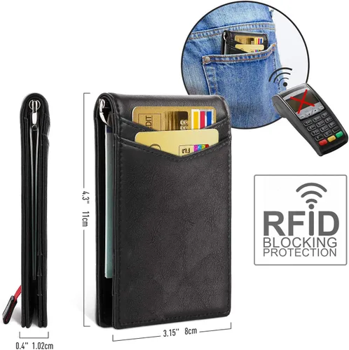 Vista 5 de iPick Image, Compatible con Ford Mustang Tri-Bar Logo Negro PU Cuero Delgado Resistente RFID Billetera Bi-fold Hombre