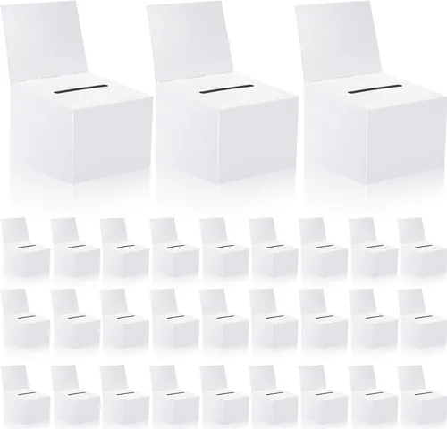 Vista 9 de Paquete de 30 cajas de sugerencias para rifas con ranura, cajas de cartón de 6.5 x 4.5 x 4.5 pulgadas con ranura para boletos y cabecera extraíble