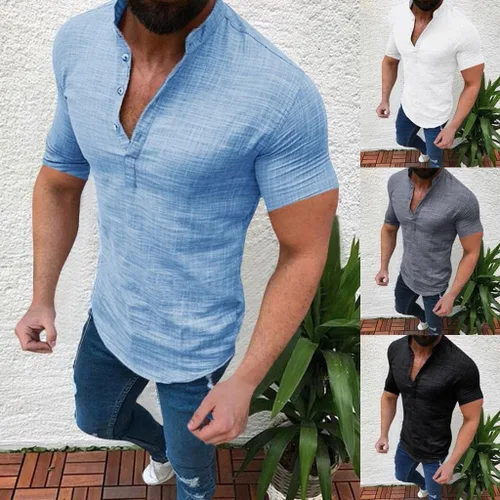 Vista 7 de Camisa Henley de algodón con textura de lino y algodón para hombre, ajustada, de manga corta, atlética, muscular, casual, hippie de playa