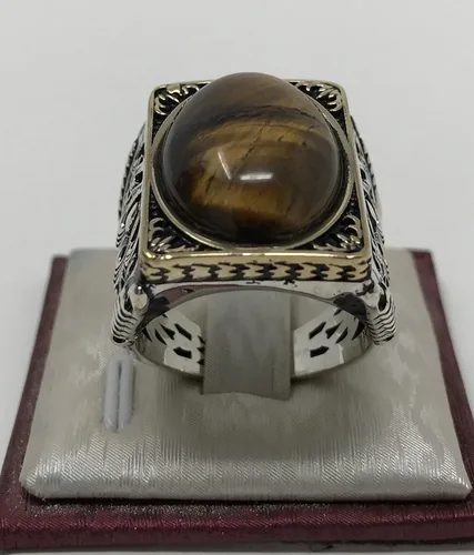 Vista 9 de KAR Anillo grande de plata de ley 925K con sello de ojo de tigre I1P
