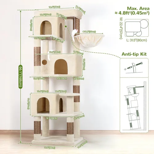 Vista 6 de Globlazer Árbol de Gato de Rincón de 66 Pulgadas, Torre de Escalada de Varios Niveles para Gatos de Interior, Condominios para Gatitos, Torre