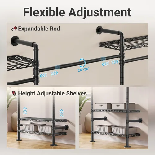 Vista 6 de Timate F5 Perchero de ropa expandible montado en la pared con 8 estantes ajustables y 4 varillas colgantes expandibles, perchero de ropa de tubería