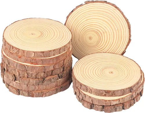 Vista 14 de 4 piezas de rodajas de madera natural de 10-12 pulgadas, círculos de madera de pino sin terminar con corteza para posavasos, manualidades DIY