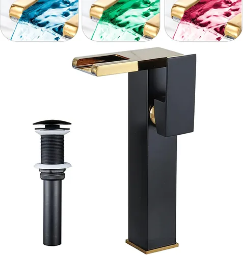 Vista 13 de Grifo de baño con luz LED RGB, boquilla de cascada, color negro, 3 colores cambiantes, mango de un agujero, conjunto de drenaje a juego