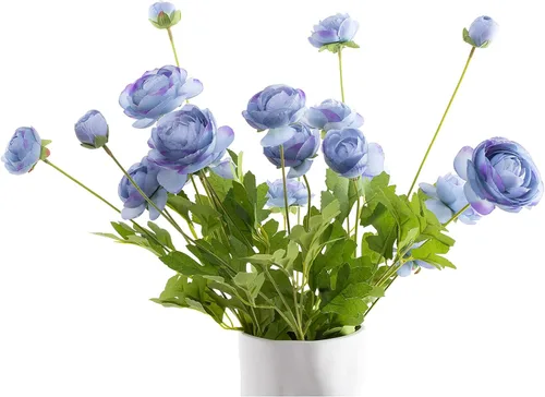 Vista 7 de Flores artificiales de seda, ranúnculo, flores falsas, 5 unidades, adecuadas para decoración de núcleos, creación floral de boda, arreglo floral Azul