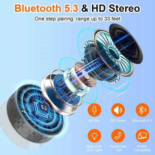 Vista 6 de Altavoz de ducha Bluetooth, altavoz inalámbrico portátil, ventosa, altavoz Bluetooth con luces RGB, sonido HD de 360°, compatible con tarjeta TF