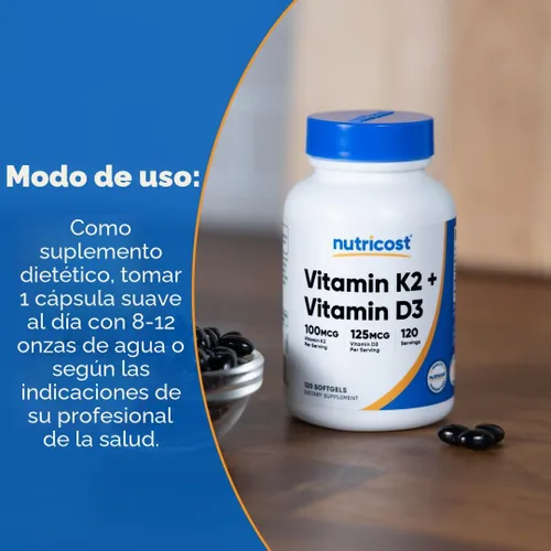 Vista 7 de Nutricost Vitamina K2 (MK7) (100mcg) + Vitamina D3 (5,000 UI) 120 Cápsulas Blandas - Sin Gluten y Sin OMG