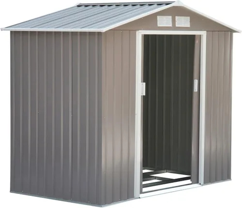 Vista 28 de Outsunny Cobertizo de almacenamiento exterior de 11' x 13', cobertizo de metal para herramientas de jardín con kit de cimentación, puerta con doble