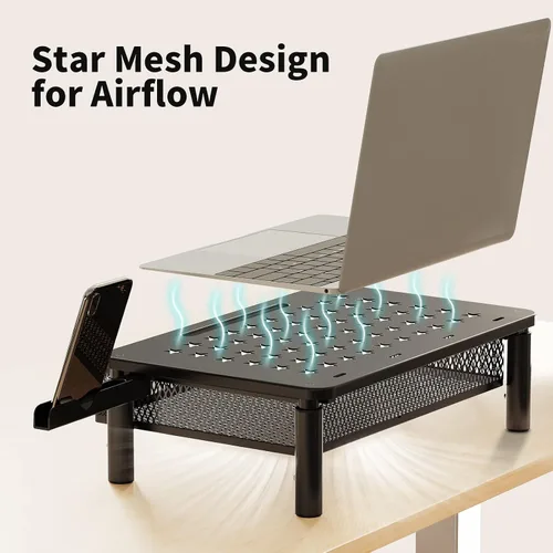 Vista 2 de Zimilar Soporte elevador para monitor con cajón de malla metálica, elevador de monitor de altura ajustable con soporte para teléfono