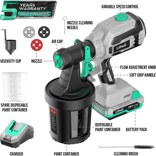 Vista 5 de Litheli - Pulverizador de pintura inalámbrico con potente motor sin escobillas, pulverizadores de pintura de batería de 20V 2.0Ah con 4 boquillas
