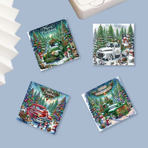 Vista 2 de Huacan Juego de 6 tarjetas de Navidad con pintura de diamante 5D para adultos, diseño de camión rojo, tarjetas de felicitación, regalos