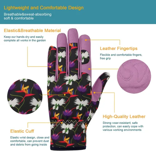 Vista 2 de Bamllum Guantes de cuero para jardinería para mujer, guantes de trabajo para deshierbe, excavación, plantación, rastrillo y poda
