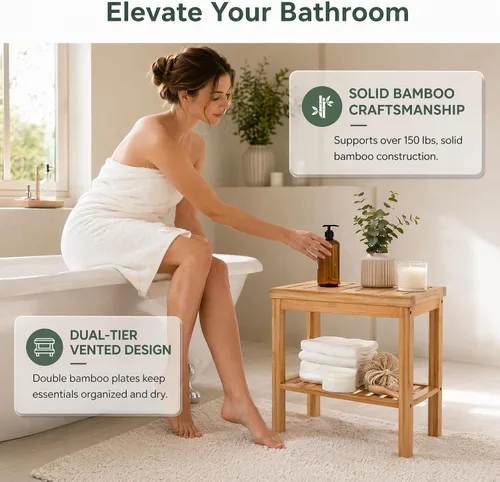 Vista 5 de SOUJOY Banco de ducha de bambú, taburete de asiento de baño, taburete de afeitado para reposapiés de spa, estante de almacenamiento para toalla