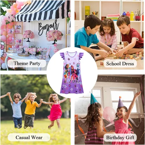 Vista 7 de FLIPEGEON Monster - Vestido casual para niñas con mangas con vuelo, ropa de juego de 4-9 años