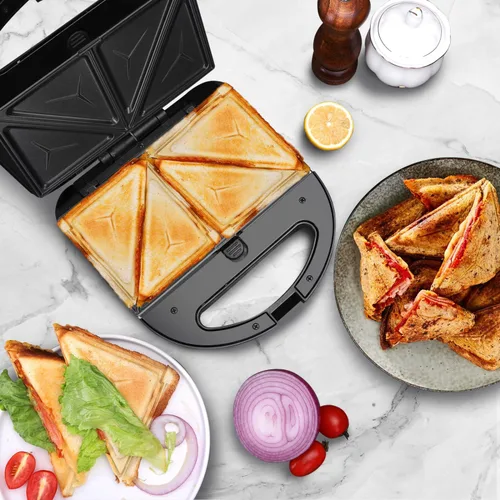 Vista 6 de Aigostar Sandwicherera, 3 en 1 Panini Press antiadherente Sandwichera Desayuno Queso a la parrilla, Tostadora de Pan de Acero Inoxidable