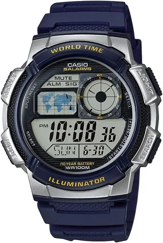 Vista 3 de Casio AE1000W Series Men’s Digital Watch 100M WR Multi Alarms 100 SEC Stopwatch Countdown Timer World Map for World Time LED Light