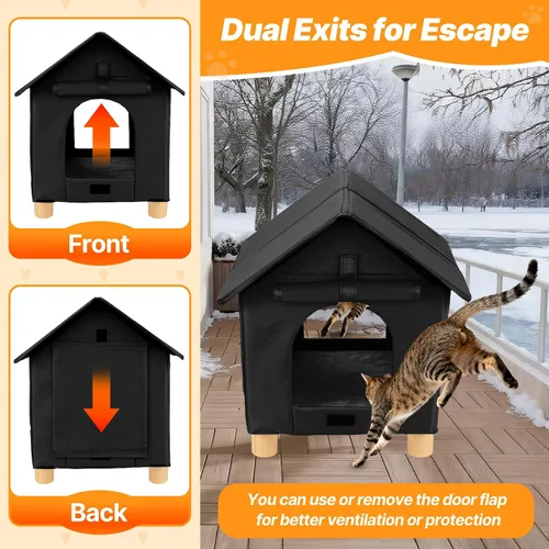 Vista 2 de FHTONGE Casa elevada para gatos al aire libre con alfombrilla lavable, refugio resistente a la intemperie para gatos con 2 salidas, perrera aislada