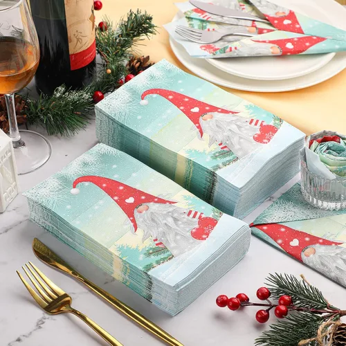 Vista 2 de 200 servilletas de Navidad para invitados, gnomos, toalla de mano desechable de Navidad para baño, papel para el hogar, Navidad, invierno