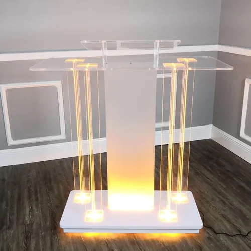 Vista 7 de FixtureDisplays Púlpito de iglesia con iluminación LED de lujo, acrílico y MDF podio con ruedas, atril de pie, atril de debate de conferencia