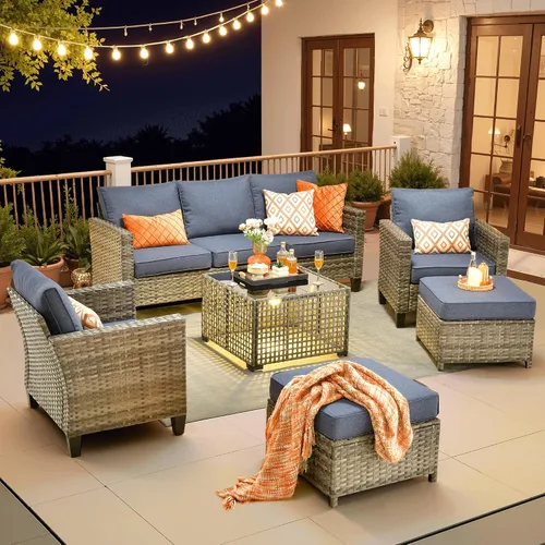 Vista 39 de ovios Juego de muebles de patio de 4 piezas con sofá de exterior, luces solares, mesa, cojines cómodos, sofá de conversación de mimbre de ratán