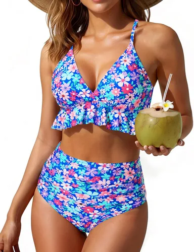 Vista 20 de Tempt Me - Traje de baño de dos piezas para mujer, bikini de cintura alta con volantes y control de abdomen Rojo neón