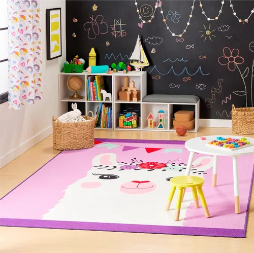 Vista 2 de Home Dynamix Everwash Imagine Llama Kids Alfombra lavable a máquina, morado/blanco, 3 x 5 pies