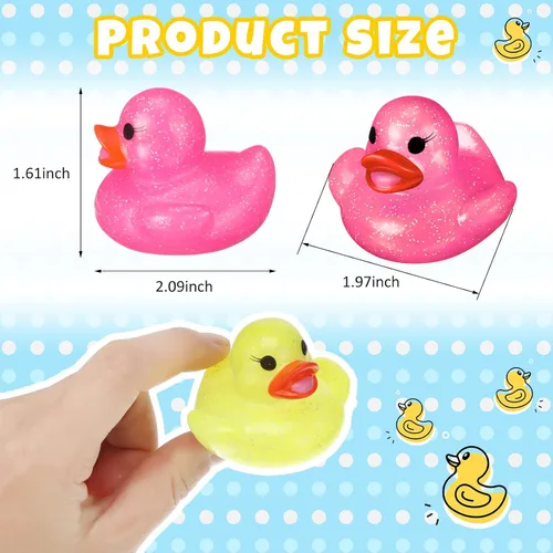 Vista 2 de Leitee 24 patos surtidos de patos de goma con purpurina para niños, mini patos con purpurina colorida de color neón, juguetes de baño para regalos