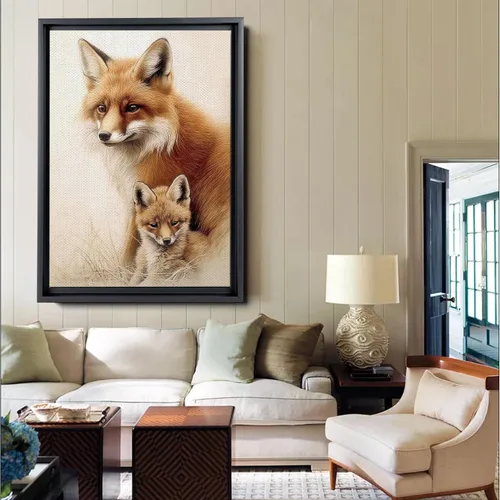 Vista 3 de Fox Mother Cub Print, In The Style Of Stencil-Based, Ivory, Kids Wall Art, Kids Wall Art Display, Mom And Baby Animal Art Print