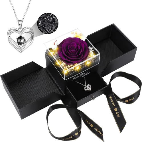 Vista 12 de Collar de rosas reales preservadas azules en caja con texto "I Love You" en 100 idiomas - Regalo único para mujeres, mamá, esposa, novia en el día