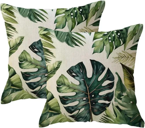 Vista 6 de Juego de 2 fundas de almohada de hojas de Monstera con diseño de hojas de palmera tropical, con temática botánica, fundas de almohada decorativas