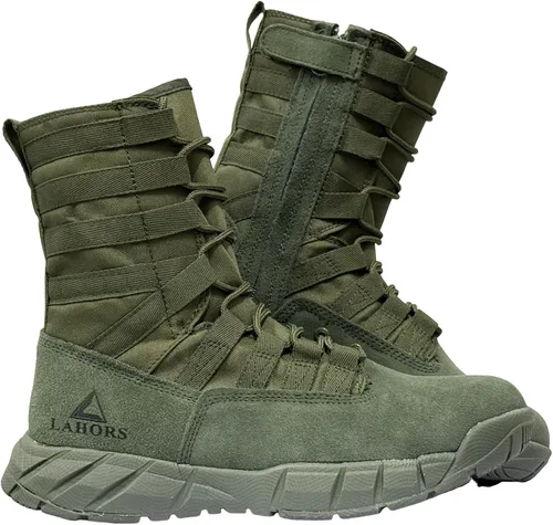Vista 13 de Botas tácticas militares de combate ligeras para hombre. Botas de desierto al aire libre para senderismo, ejército, transpirables, con cremallera