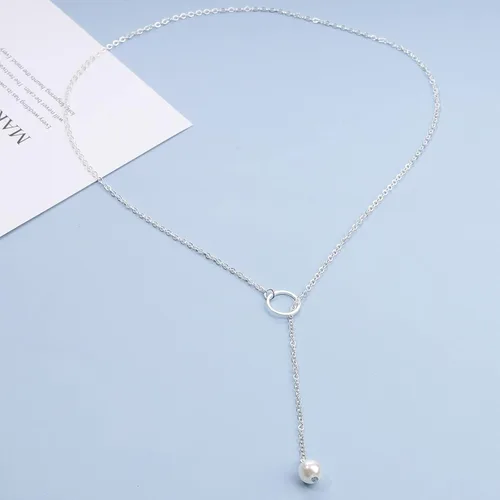 Vista 2 de Yheakne Collar de perlas Boho con forma de círculo de plata y perlas y collar minimalista y Lariat para mujeres y adolescentes plata