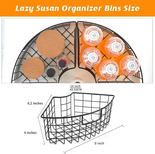 Vista 2 de Paquete de 2 canastas Lazy Susan para mesa giratoria de 18 a 20 pulgadas de diámetro, organizador de armario esquinero de cuña de 1/4, organizador