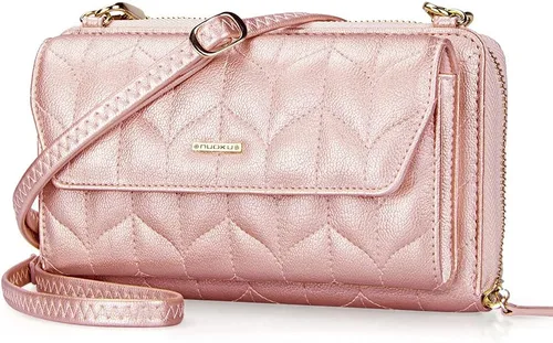 Vista 8 de nuoku Cartera RFID para Mujer Monedero Muñequera Bandolera Clutch con Cremallera Perimetral 2 Correas Negro