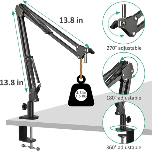 Vista 4 de Soporte de micrófono AT2020, brazo de micrófono ajustable con soporte de choque, parabrisas de espuma y bridas para cables, para AT2020 AT2020USB