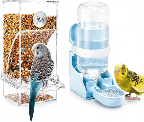 Vista 12 de Rypet Juego de dispensador de agua para pájaros sin ensuciar, alimentador automático para pájaros para jaula, contenedor de alimentos transparente