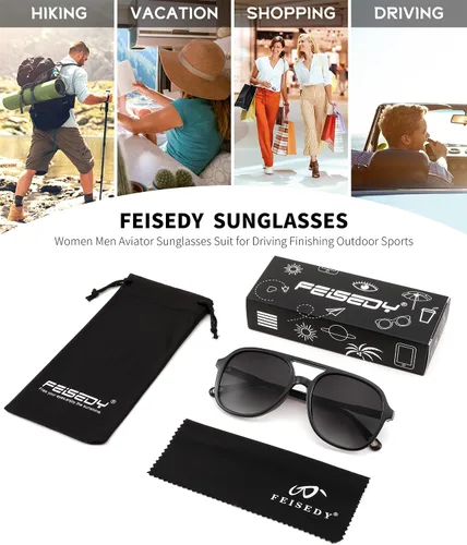 Vista 6 de FEISEDY Lentes de sol retro para mujeres y hombres, cuadrados, aviador, años 70, clásico, doble puente UV400, lentes de sol con marco de lente B2394