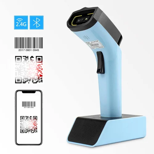 Vista 5 de Escáner de código de barras inalámbrico Bluetooth 2D automático, lector de código de barras manos libres con base de carga y memoria incorporada