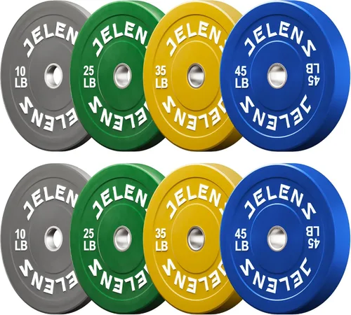 Vista 17 de Juego de Placas de Peso para Barra Olímpica JELENS, Juego de Pesos de Goma de 2 Pulgadas Negro/Colorido para Entrenamiento de Fuerza y Levantamiento