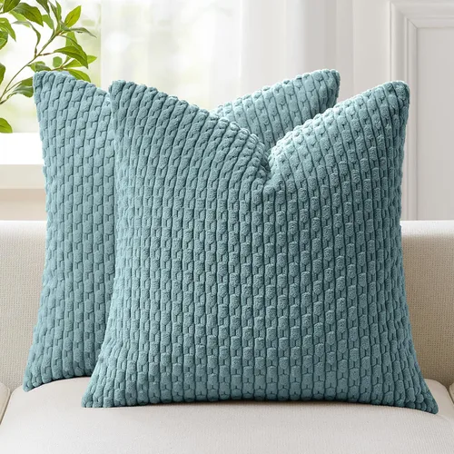 Vista 38 de Kevin Textile - Juego de 2 fundas de almohada de pana suave de 16 x 16 pulgadas, color verde aguamarina Fundas de almohada decorativas de pana