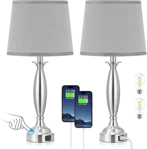 Vista 8 de Juego de 2 lámparas grises para dormitorio, lámpara de noche con control táctil con USB C+A, lámparas de mesita de noche regulables de 3 vías