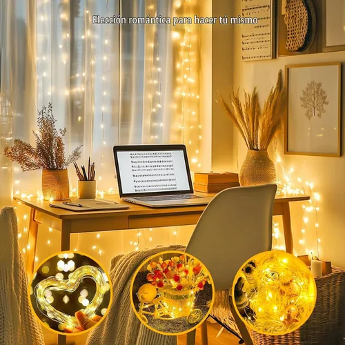 Vista 5 de Guirnalda de luces a pilas con temporizador de control remoto, 33 pies, 100 luces LED, impermeables, 8 modos, alambre de cobre, luces blancas Blanco