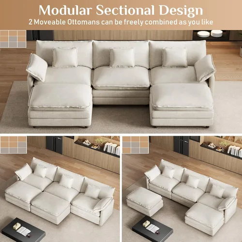 Vista 3 de Sofá de nube en forma de U de 114 pulgadas, sofás seccionales de gran tamaño para sala de estar, sofá modular grande de terciopelo con otomana