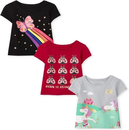 Vista 12 de The Children's Place Camisetas estampadas de manga corta para bebés y niñas pequeñas, con diseño de unicornios y mariposas, a la moda, paquete de 3