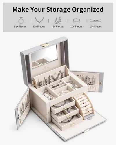 Vista 3 de Vlando Joyero organizador para niñas y mujeres, organizador de joyas barroco grande con espejo, 3 cajones para pulseras, aretes, anillos, collares